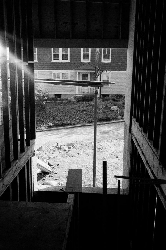 construction, looking out entry from top of stairs