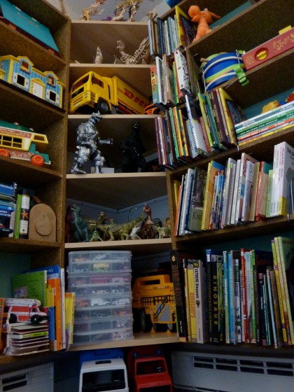 looking up at bookshelves