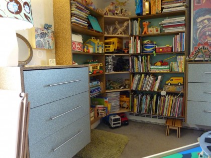 bookshelves viewed from bed