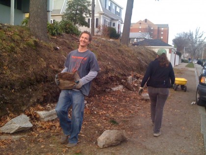 Shiva and Luke dismantle the incomplete rock wall