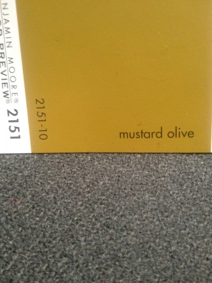 mustard olive by benjamin moore against my couch fabric