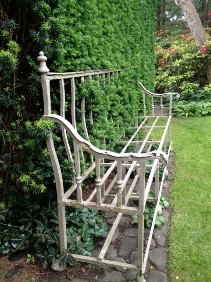 bench being devoured by a massive hedge